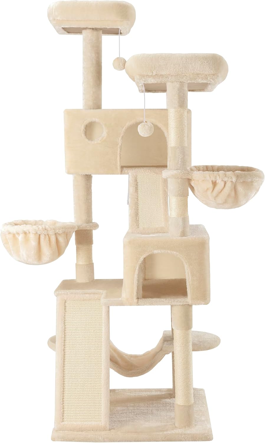SHA CERLIN 65in Larger Cat Tree Tower Condo for Indoor Kitties/Multi-Level Furniture Activity Center with Wide Base/Cozy Plush Cat Perches/Baskets/Sisal Scratching Posts and Hammock/Beige - Image 9