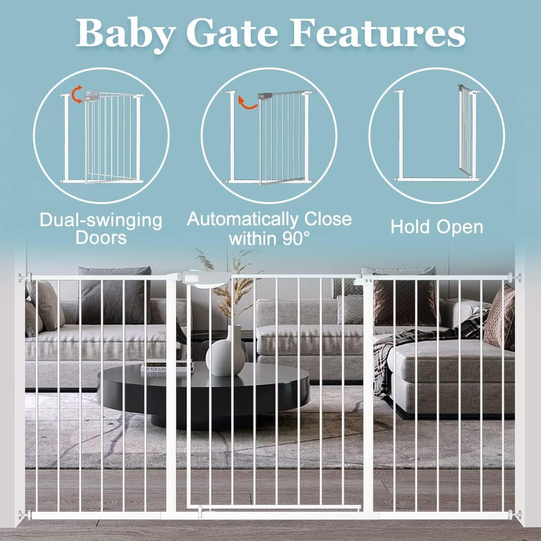 WAOWAO Triple Lock Baby Gate Extra Wide 62.59-67.32" Pressure Mounted Walk Through Swing Auto Close Safety White Metal Dog Pet Puppy Cat for Stairs,Doorways,Kitchen | Triple Lock More Durable Safety, Extra Wide, Pressure Mounted, Auto Close , Metal, for Stairs, Doorways, Kitchen - Image 5