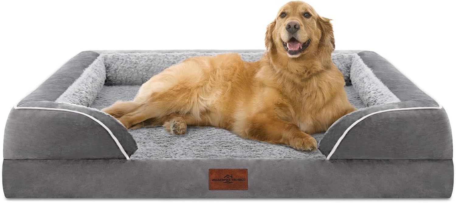 Comfort Expression Orthopedic Dog Bed for Extra Large Dogs with Bolster | Waterproof Dog Couch Bed with Washable Cover & Non-Slip Bottom, Supportive Egg Crate Foam XL Pet Bed, 42x30 Inch