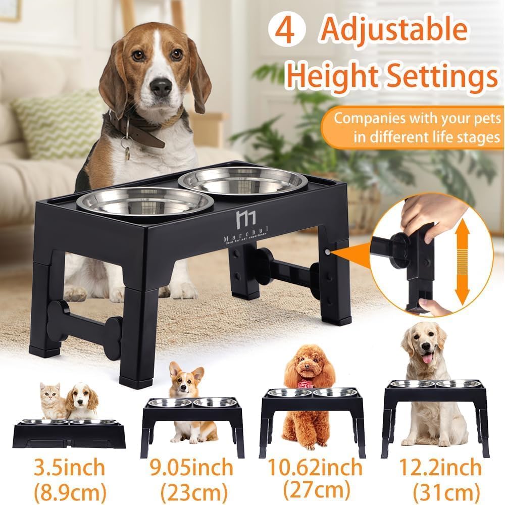 Marchul Elevated Dog Bowls, Raised Dog Food Water Bowls with 2 Thick Stainless Steel Bowls, 4 Height Adjustable, Non-Slip Stand for Medium Large Dogs (with Mat) - Image 3