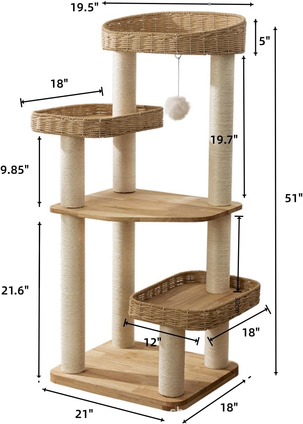 SHENGOCASE Modern Natural Wood Wooden Cat Tree Tower, 3 Large Rattan Wicker Basket Perch Beds with Cozy Cushion Sisal Scratching Post, Window View Design, for Cats up to 20 lbs - Image 8