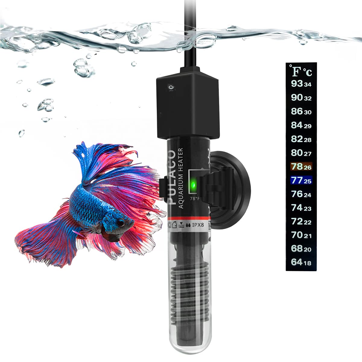 PULACO 25Watt Mini Aquarium Submersible Betta Heater with Free Thermometer Strip for 1-6 Gallon Fish Tanks (Preset Temperature 78℉)