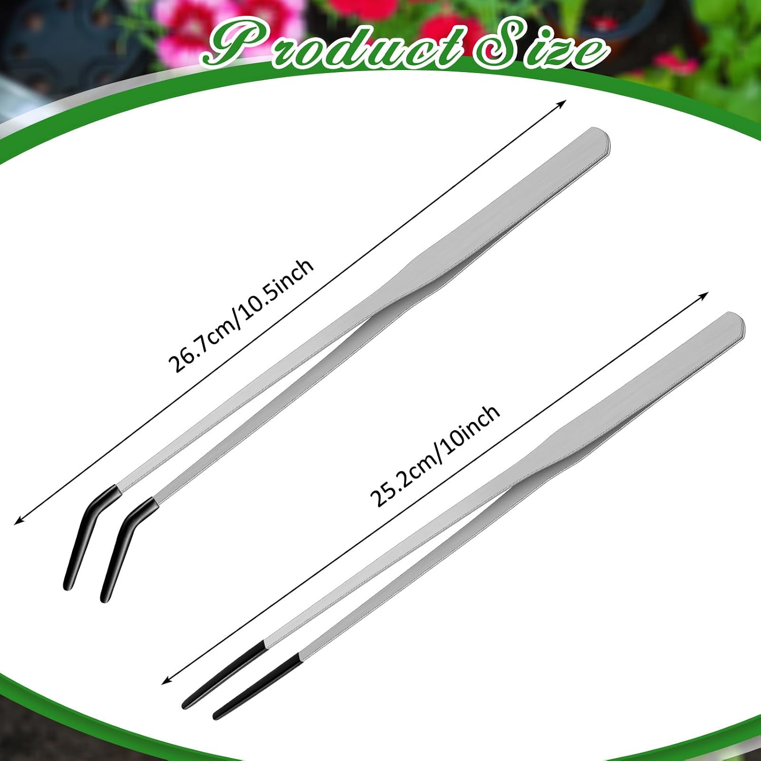 Lasnten 2 Pcs Extra Long Stainless Steel Reptile Feeding Tongs with Rubber Tip 10 Inch, 10.5 Inch Bearded Dragon Aquarium Straight and Curved Long Tweezer Terrarium Feeder Tool for Tank(Silver) - Image 2