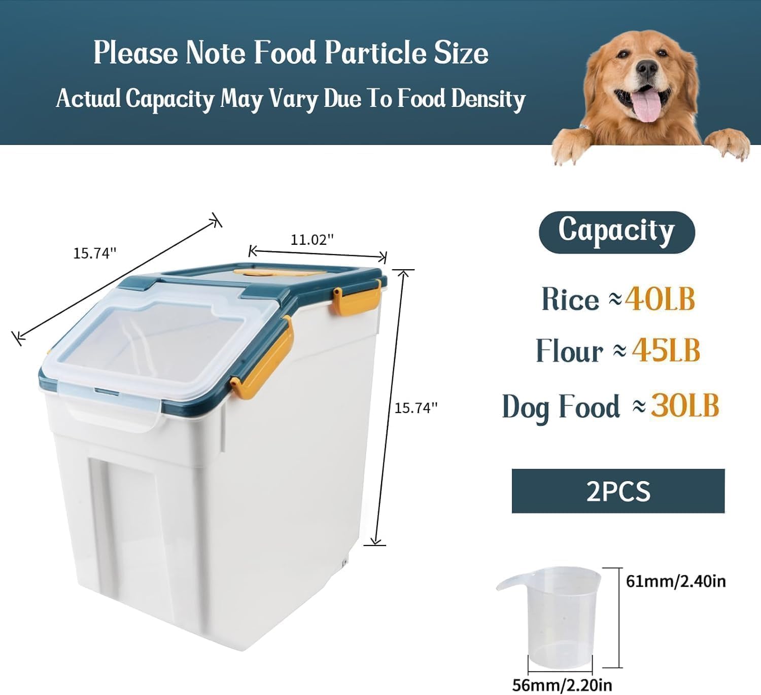 Saim 50 lbs Rice & Flour Storage Container 2 Pack Airtight BPA-Free Plastic Dispenser Bin with Wheels, Locking Lid, Measuring Cup & Scoop for Dry Food, Sugar, Baking Supplies, Grain Holder (Dark Blue) - Image 2