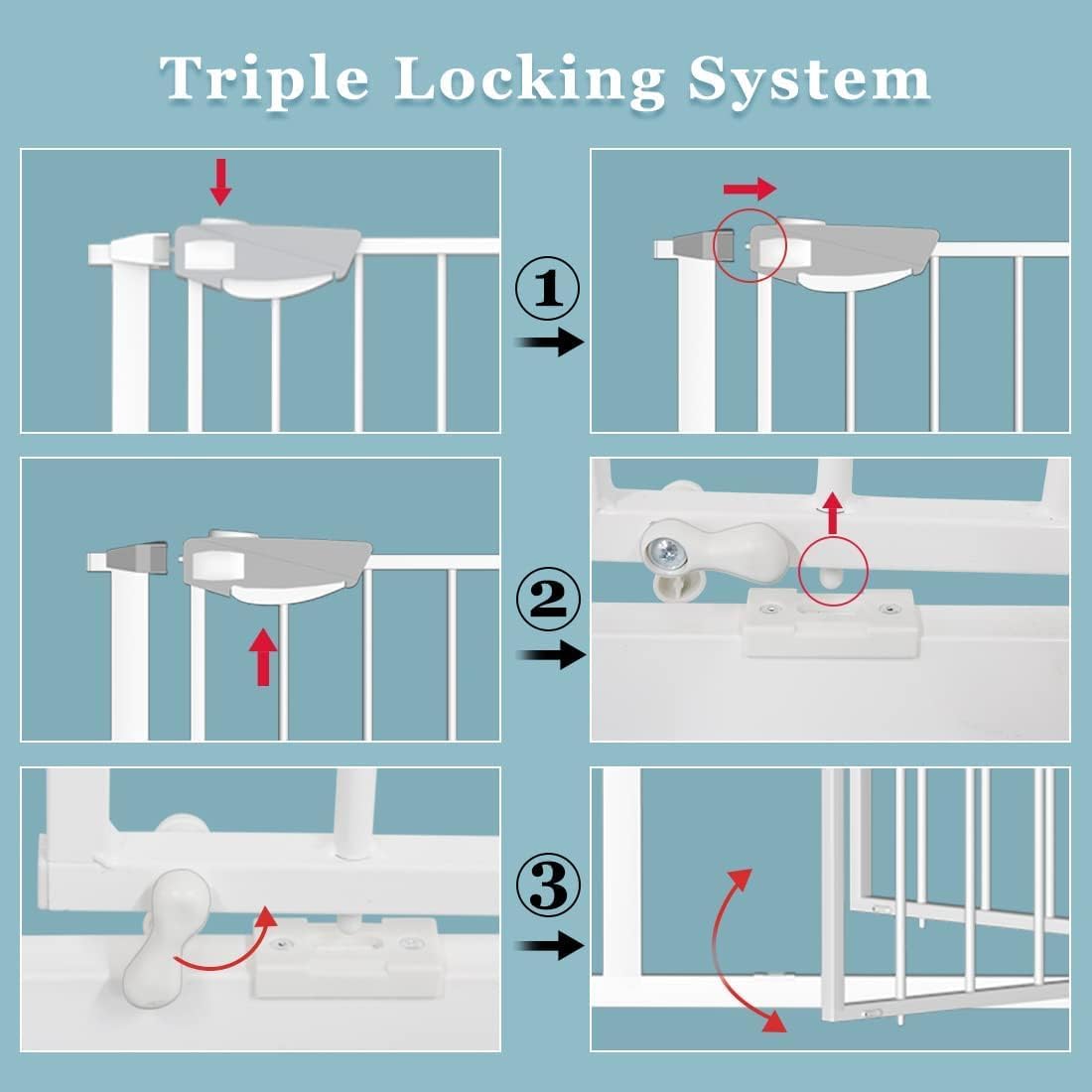 WAOWAO Triple Lock Baby Gate Extra Wide 62.59-67.32" Pressure Mounted Walk Through Swing Auto Close Safety White Metal Dog Pet Puppy Cat for Stairs,Doorways,Kitchen | Triple Lock More Durable Safety, Extra Wide, Pressure Mounted, Auto Close , Metal, for Stairs, Doorways, Kitchen - Image 3