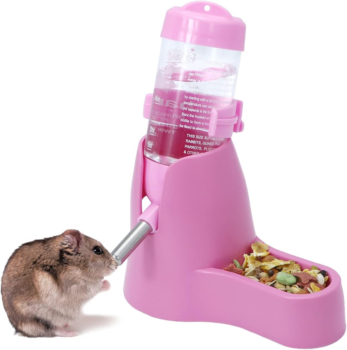 3 in 1 Hamster Hanging Water Bottle Pet Auto Dispenser with Base for Dwarf Hamster Mouse Rat Hedgehog (80ML, Pink) - Image 2