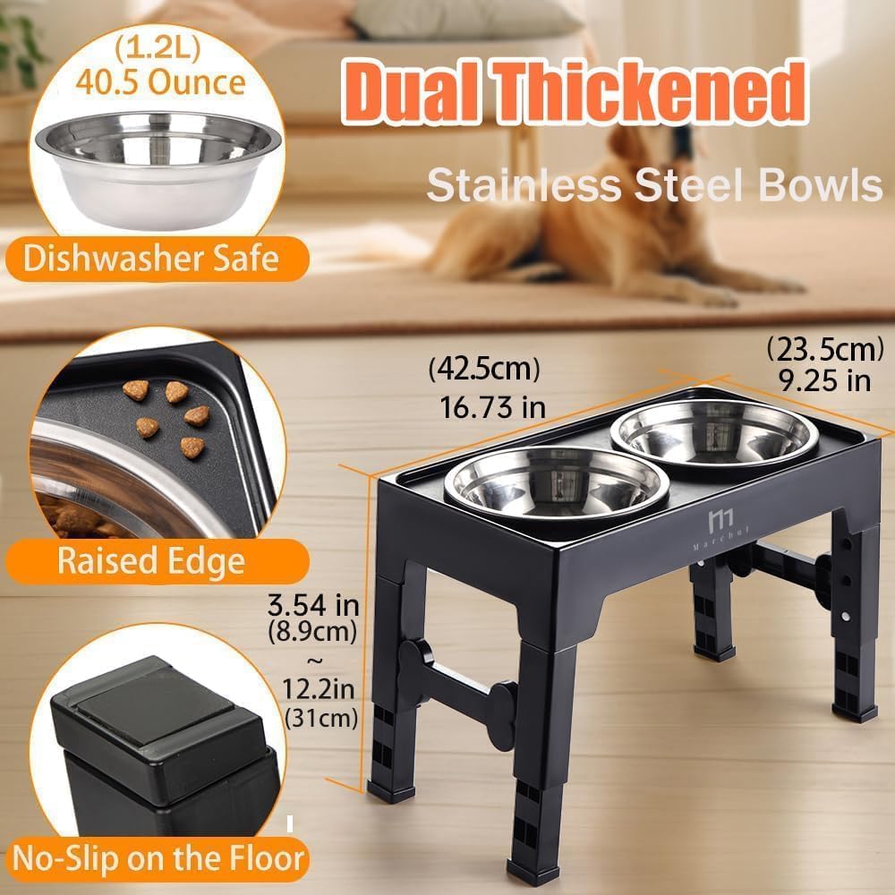 Marchul Elevated Dog Bowls, Raised Dog Food Water Bowls with 2 Thick Stainless Steel Bowls, 4 Height Adjustable, Non-Slip Stand for Medium Large Dogs (with Mat) - Image 5