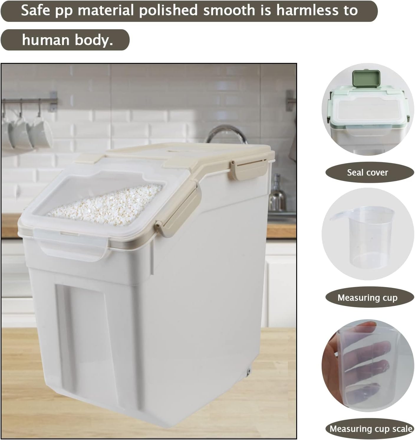 Saim Flour Storage Containers Bin 25lbs, 4Pack Airtight BPA Free Rice & Food Dispenser with Measuring Cup, Scoop - Kitchen Pantry Organizer for Flour, Rice, Grain, Cereal, Pet Food (Grey) - Image 4