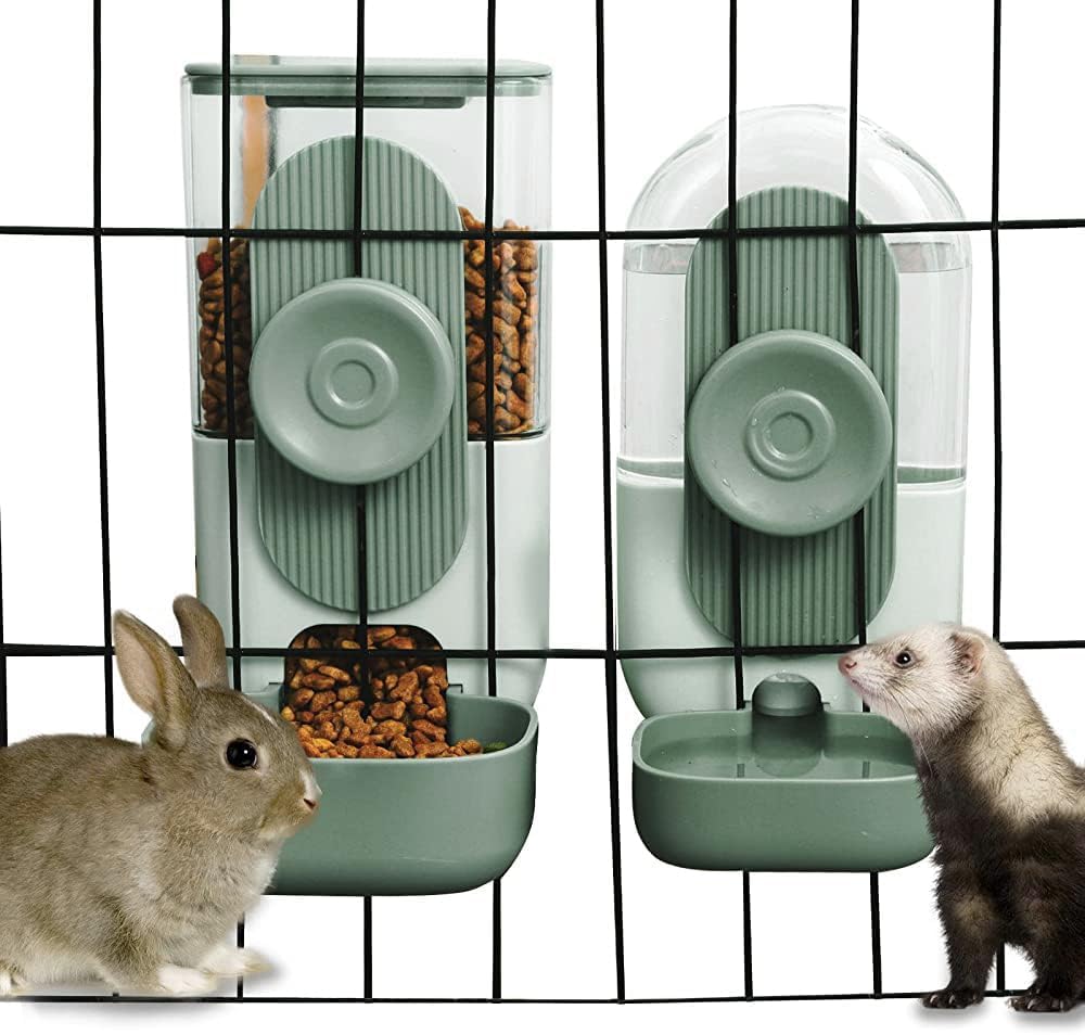 Lemtrflo Hanging Automatic Food and Water Dispenser, Gravity Rabbit Feeder Set, Cage Cat and Bunny Food Bowl (Cage Grid Spacing Over 1.2'')