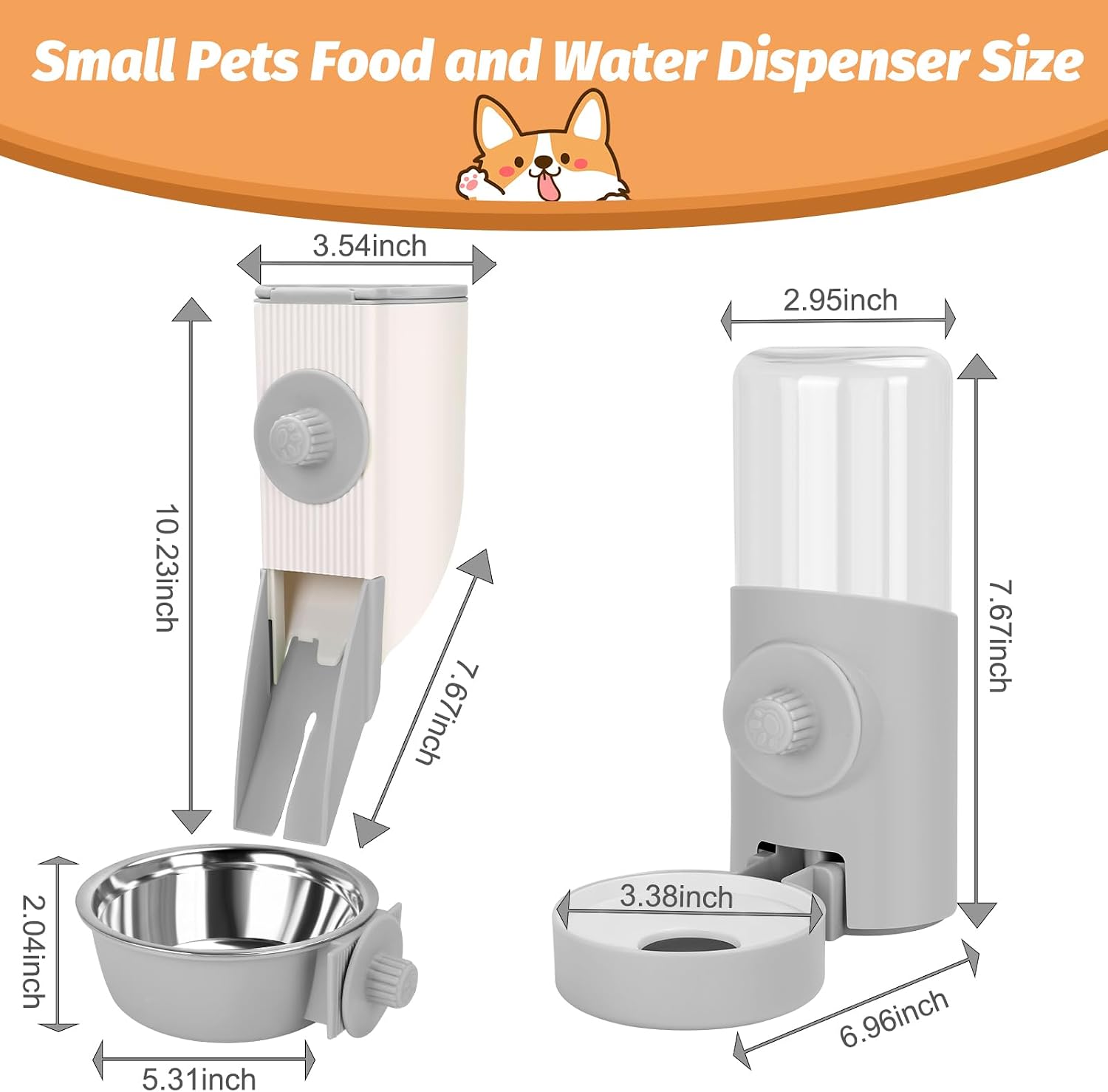 Yummy Sam Hanging Cage Automatic Small Pet Food Bowl Water Bottle Dispenser, Kennel 500ML Waterer and Auto Gravity Pet Feeder Set with Separate Food Bowl Crate Feeder Dish for Puppy Cats Rabbit (Grey) - Image 2
