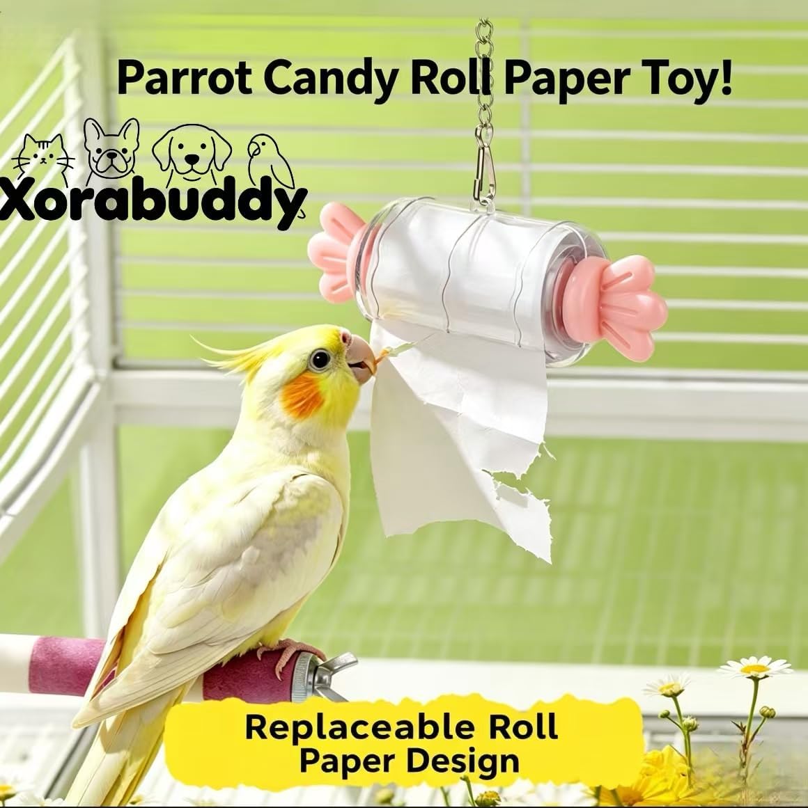 Parrot Shredding Toy Candy Roll Paper Holder, Safe Wood Pulp Chew Toys for Birds Cage Accessories, Hanging Interactive Foraging Toy for Cockatiel Conure Parakeet Budgie - Image 2