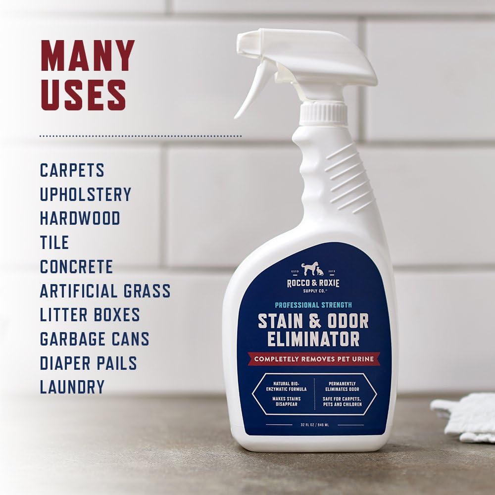 Rocco & Roxie Supply Co. Stain & Strong Odor Eliminator, Enzyme Cleaner, Pet Odor Eliminator for Home - Carpet Stain Remover for Cats & Dog Pee - Urine Destroyer - Carpet Cleaner Spray Clear, 32 Fl Oz - Image 6