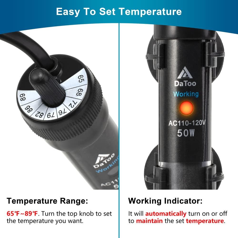 DaToo Aquarium Heater Adjustable 50W Submersible Fish Tank Heater with Electronic Chip Thermostat Suitable for Marine Saltwater and Freshwater - Image 4