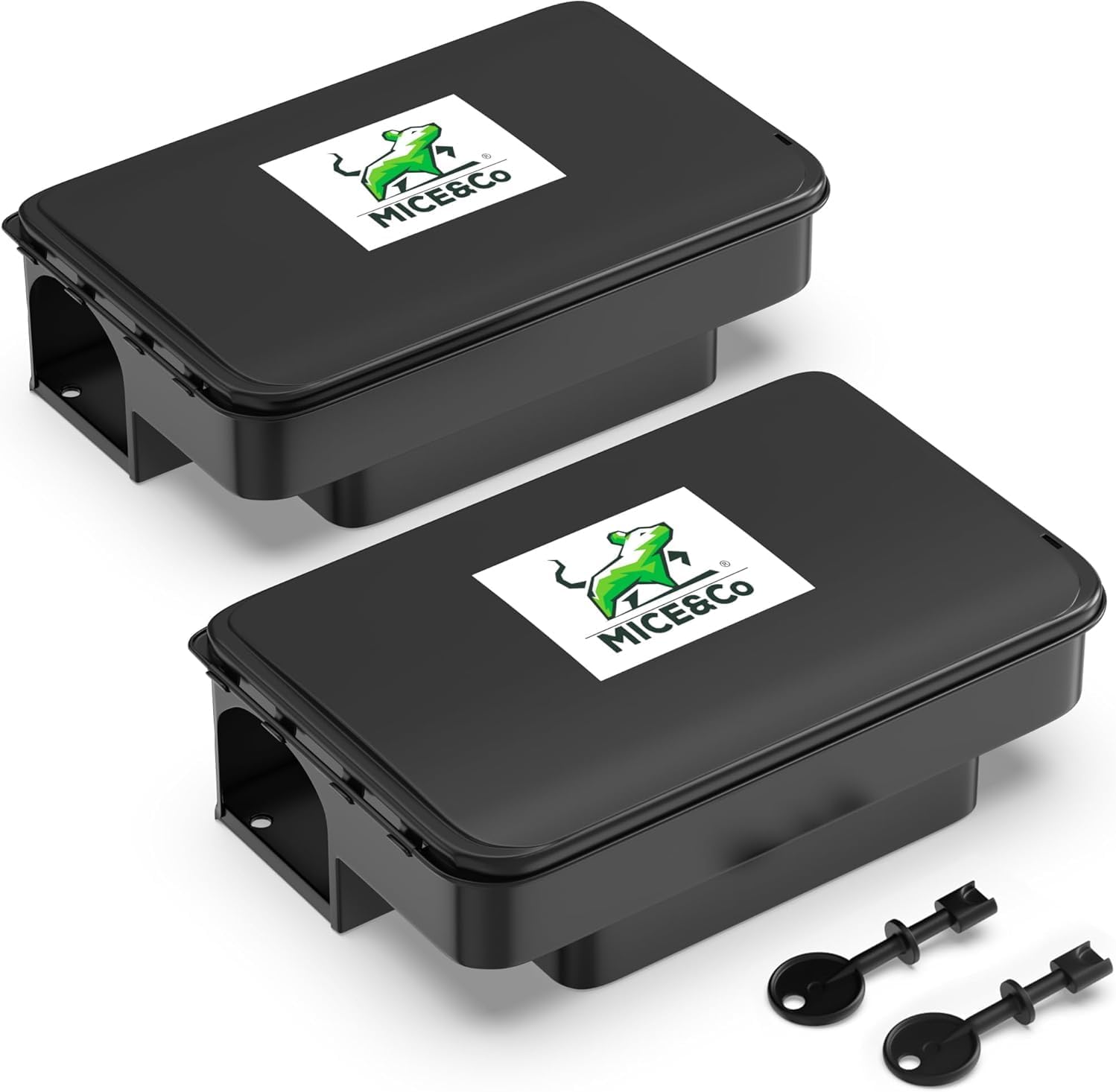 Mice&Co Rat Bait Stations 2 Pack – Lockable Rodent Traps for Outside & Inside – Heavy Duty, Weather-Resistant Bait Boxes with Dual Entry – Tamper-Proof Design – Child & Pet Safe