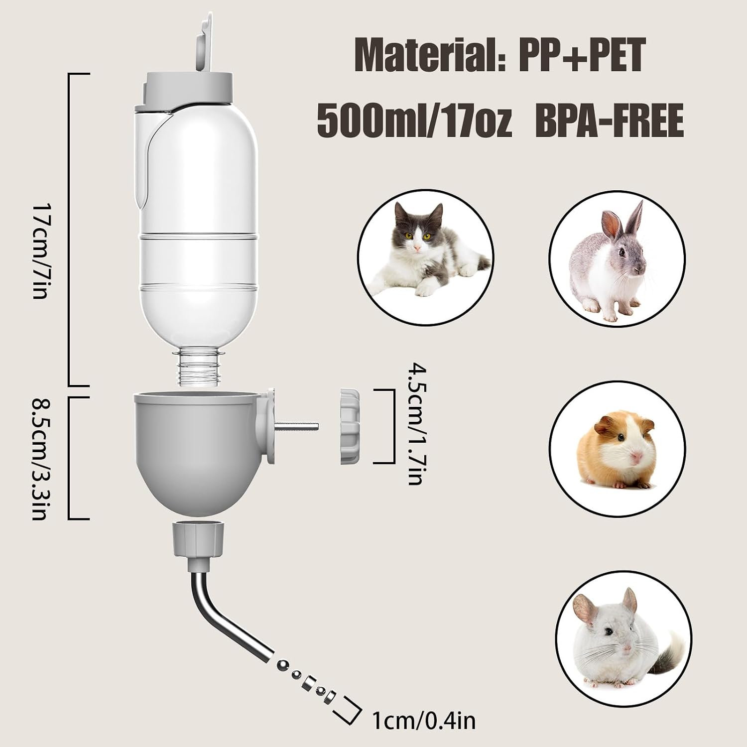 Pet Water Bottle for Cage Crate 17oz Non-Drip Water Dispenser for Small Animal Rabbit Bunny Guinea Pig Chinchilla Ferret Squirrel Hedgehog (Gray, 17oz) - Image 5