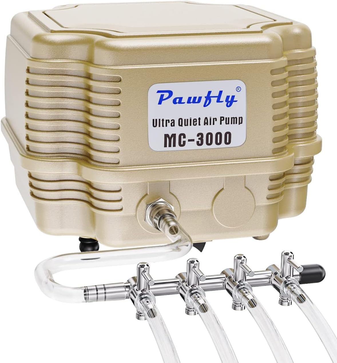 Pawfly 254 GPH Aquarium Air Pump Adjustable Quiet Oxygen Aerator Pump with Multi-Port Air Flow Control Lever Valve Splitter and Airline Tubing for Fish Tanks Ponds and DWC Systems Up to 300 Gallons