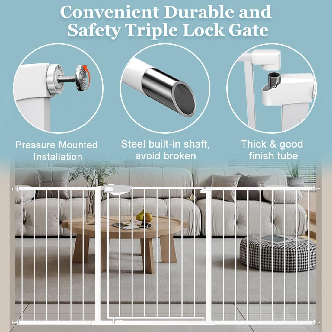 WAOWAO Triple Lock Baby Gate Extra Wide 62.59-67.32" Pressure Mounted Walk Through Swing Auto Close Safety White Metal Dog Pet Puppy Cat for Stairs,Doorways,Kitchen | Triple Lock More Durable Safety, Extra Wide, Pressure Mounted, Auto Close , Metal, for Stairs, Doorways, Kitchen - Image 6