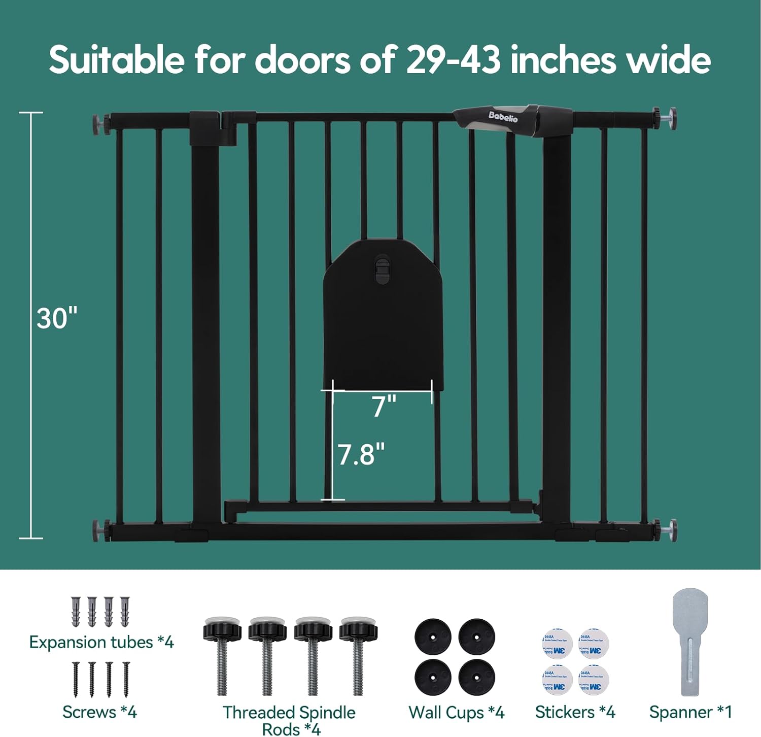 Babelio Auto Close Baby Gate with Cat Door, CatPrivilege Ⅰ, 29-43" Metal Gate for Doorway, Stairs, House, Easy Walk Thru with Pet Door, Includes 4 Wall Cups and 3 Extension Pieces, Black - Image 5