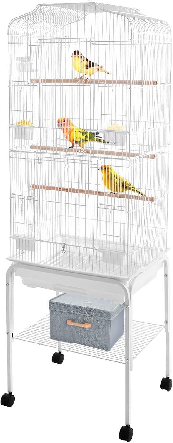 Bird Cage with Stand 54 Inch Birdcages with Pull-Out Tray, Rolling Bird Cage Stand with Wheels for Parakeets, Parrot, Cockatiel, Pigeon, Finch Cage for Birds(White)