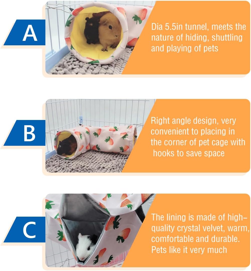 Large Caliber Guinea Pig Hideout & Hammock, Corner Hideout Toy for Guinea Pig, Ferret, Hedgehog, Piggy-2 Tunnel Strawberry - Image 4