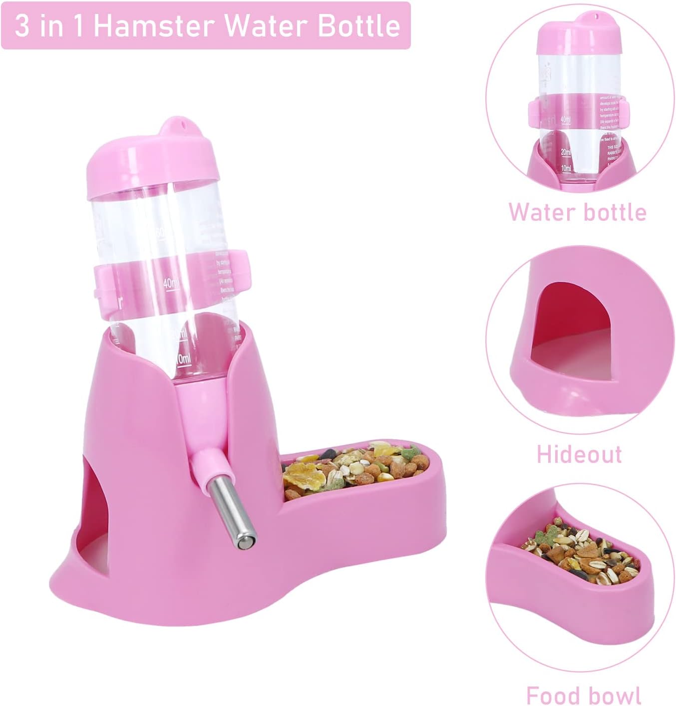 3 in 1 Hamster Hanging Water Bottle Pet Auto Dispenser with Base for Dwarf Hamster Mouse Rat Hedgehog (80ML, Pink) - Image 3