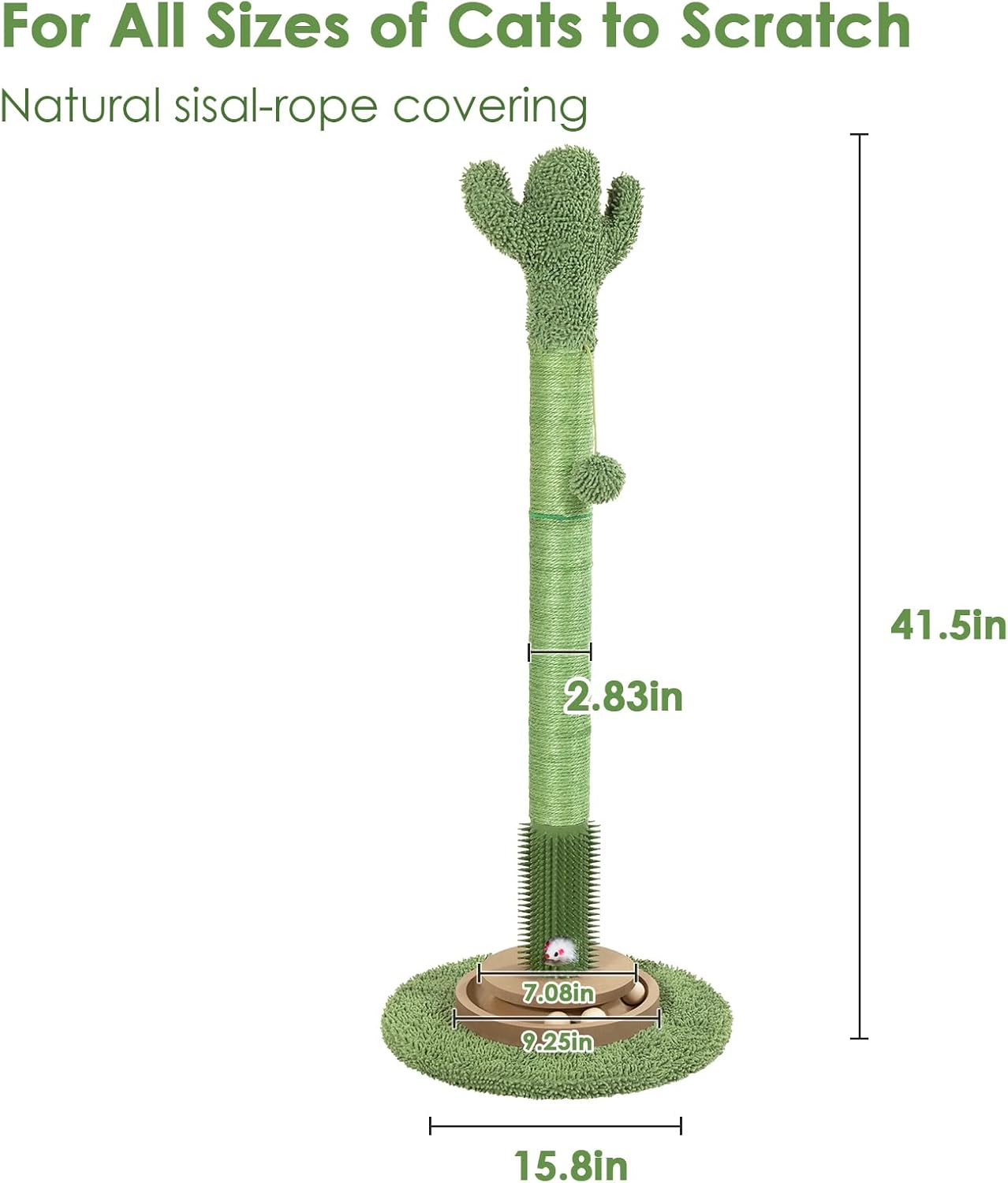 41.5" Cactus Cat Scratching Post, Heavy Duty Sisal Scratcher with Interactive Ball & Grooming Brush, Stable Anti-Tip Cat Tree for Indoor Cats & Large Cats - Image 7