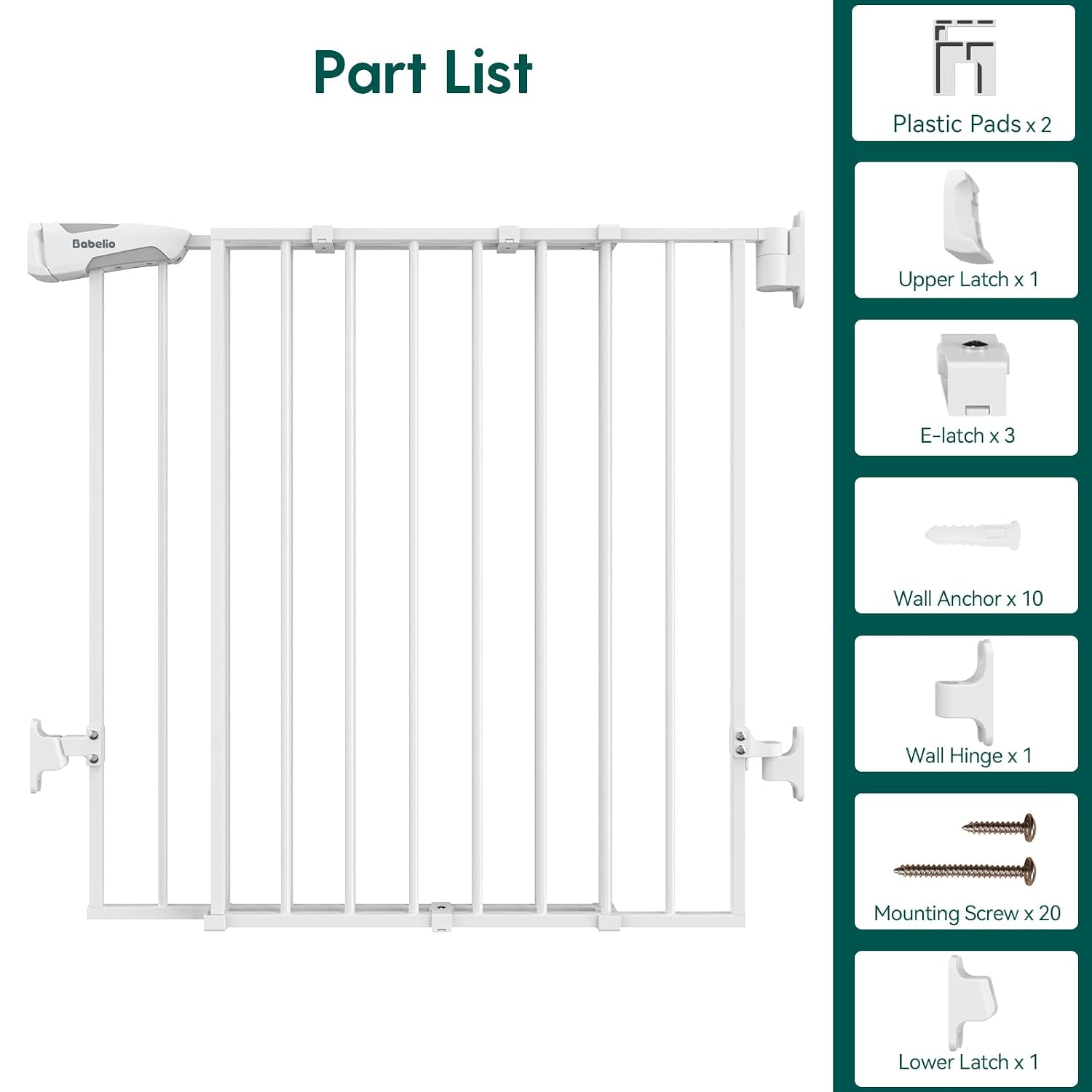 Babelio Baby Gate for Stairs, Kitchen & Doorways, 26-43" W 28" H No Bottom Bar| Easy Installation| One-Handed Operation| Auto-Close| Hardware Mount (Drill Needed) Safety Dog/Pet Gate Indoor (White) - Image 7