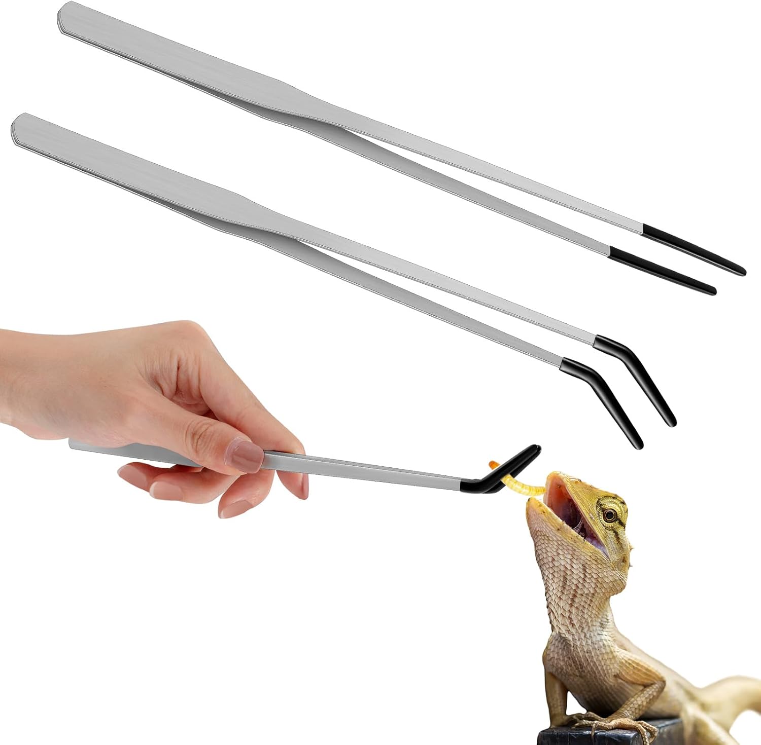 Lasnten 2 Pcs Extra Long Stainless Steel Reptile Feeding Tongs with Rubber Tip 10 Inch, 10.5 Inch Bearded Dragon Aquarium Straight and Curved Long Tweezer Terrarium Feeder Tool for Tank(Silver)