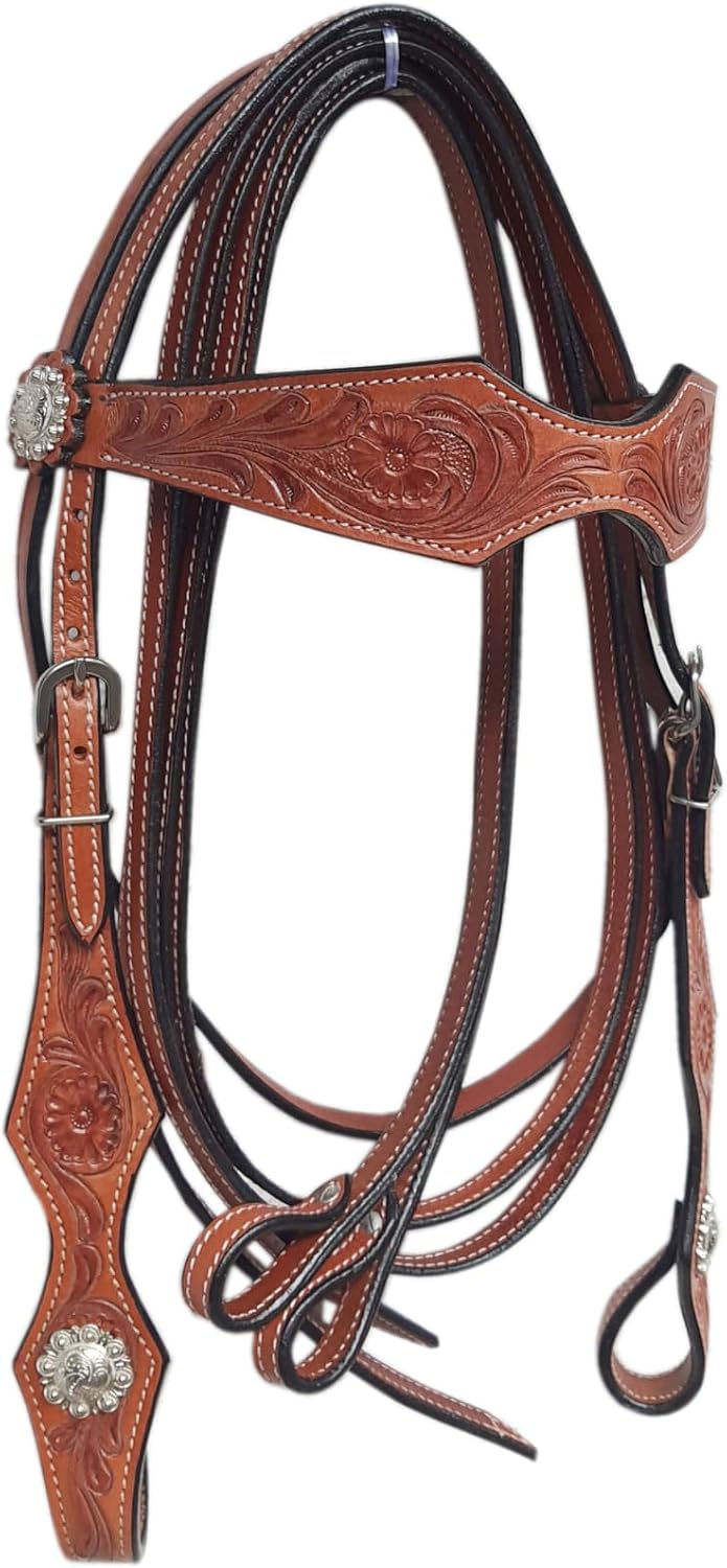 Western Leather Horse Headstall and Reins Combo Natural Antique Tooling, Quick Bit Change Adjustable Browband Headstall and Free Size Reins for Horses - Image 6