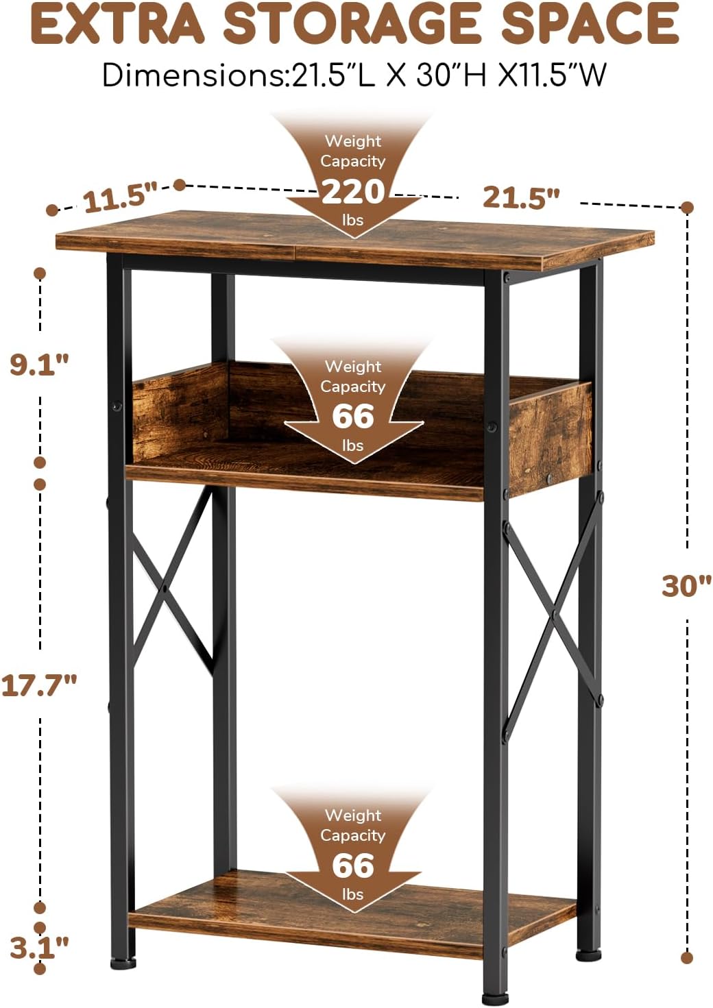 10 Gallon Fish Tank Stand with Storage Shelves, 3-Tier Aquarium Stand with Rust-Proof Metal Frame, Heavy Duty Waterproof Reptile Turtle Tank Stand for Home Office Up to 150LBS, 21.5" L x 11.5" W x 30" H, Rustic Brown - Image 2