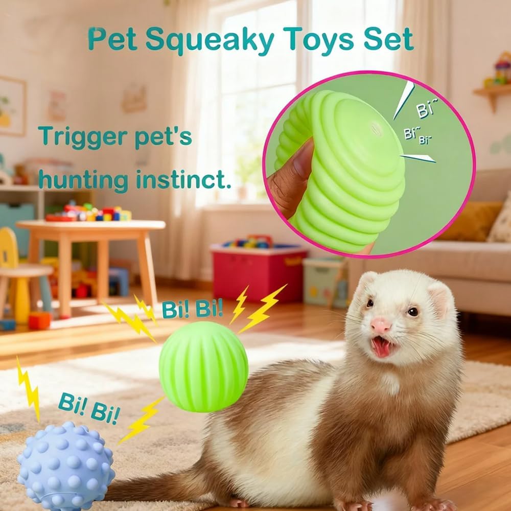 14 pcs Ferret Squeaky Toys Set Rubber Balls Ferret Teeth Grinding Chewing Balls Teething Bouncy Bell Ball Interactive Sound Squeaker Toy Exercise Scratch Chew Toy for Ferrets Pet Cat Dog Small Animals - Image 2