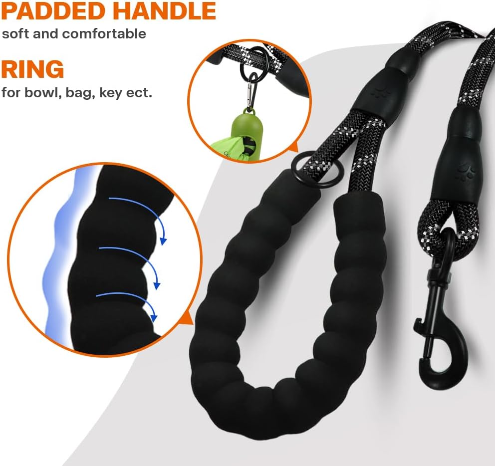 Taglory Rope Dog Leash for Medium Large Dogs, 6 FT Padded Handle, Black | Climbing Rope for Strong Pullers, Reflective for Night Walks and Training, Comfortable Grip, Anti-tangle Swivel Clip 1/2 inch - Image 4