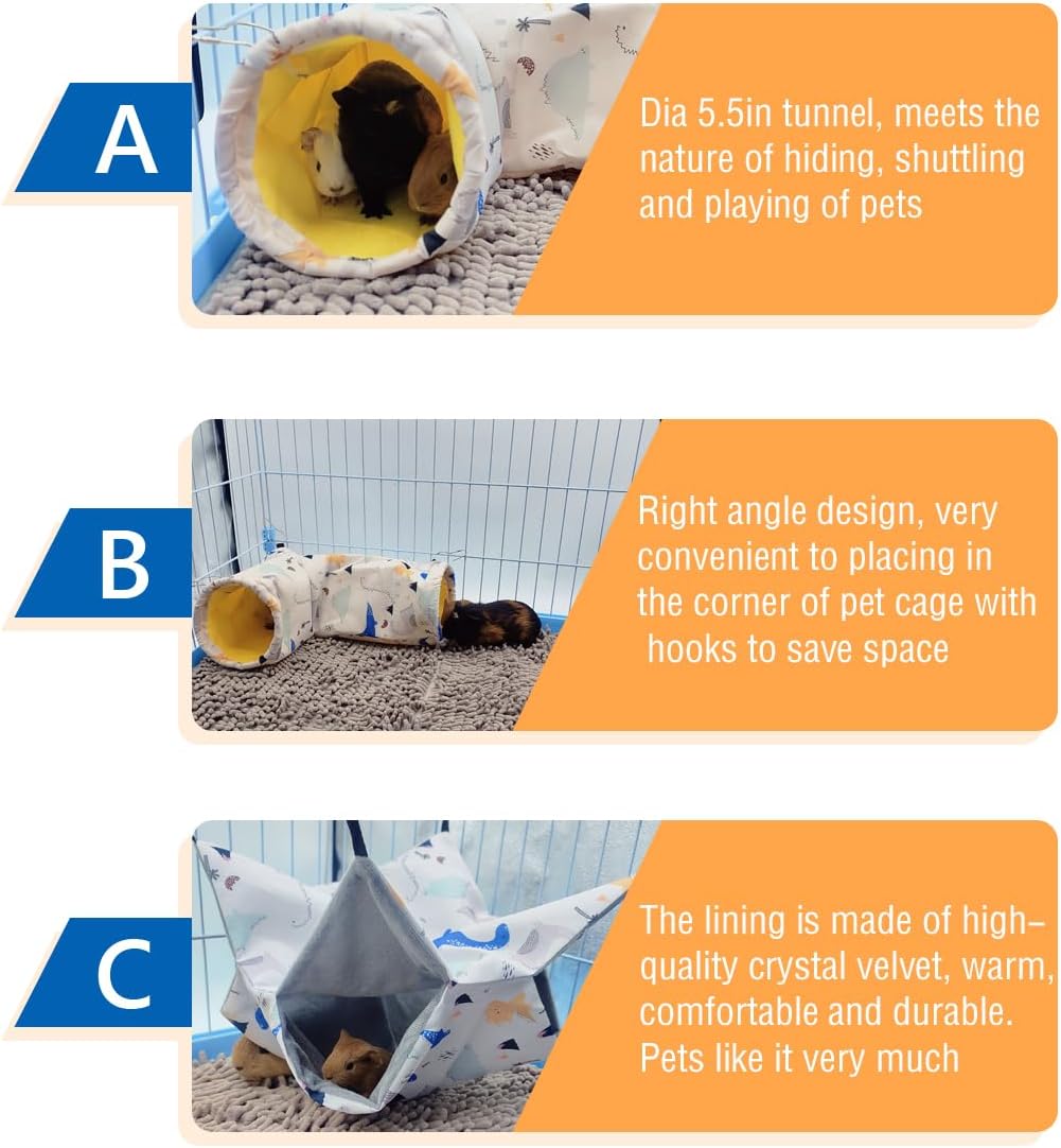 Large Caliber Guinea Pig & Rat Tunnel Hideout & Hammock, Corner Hideout Toy for Guinea Pig, Ferret, Hedgehog & Piggy to Hide and Shuttle (1. Hammock&Tunnel-Dinosaur) - Image 3