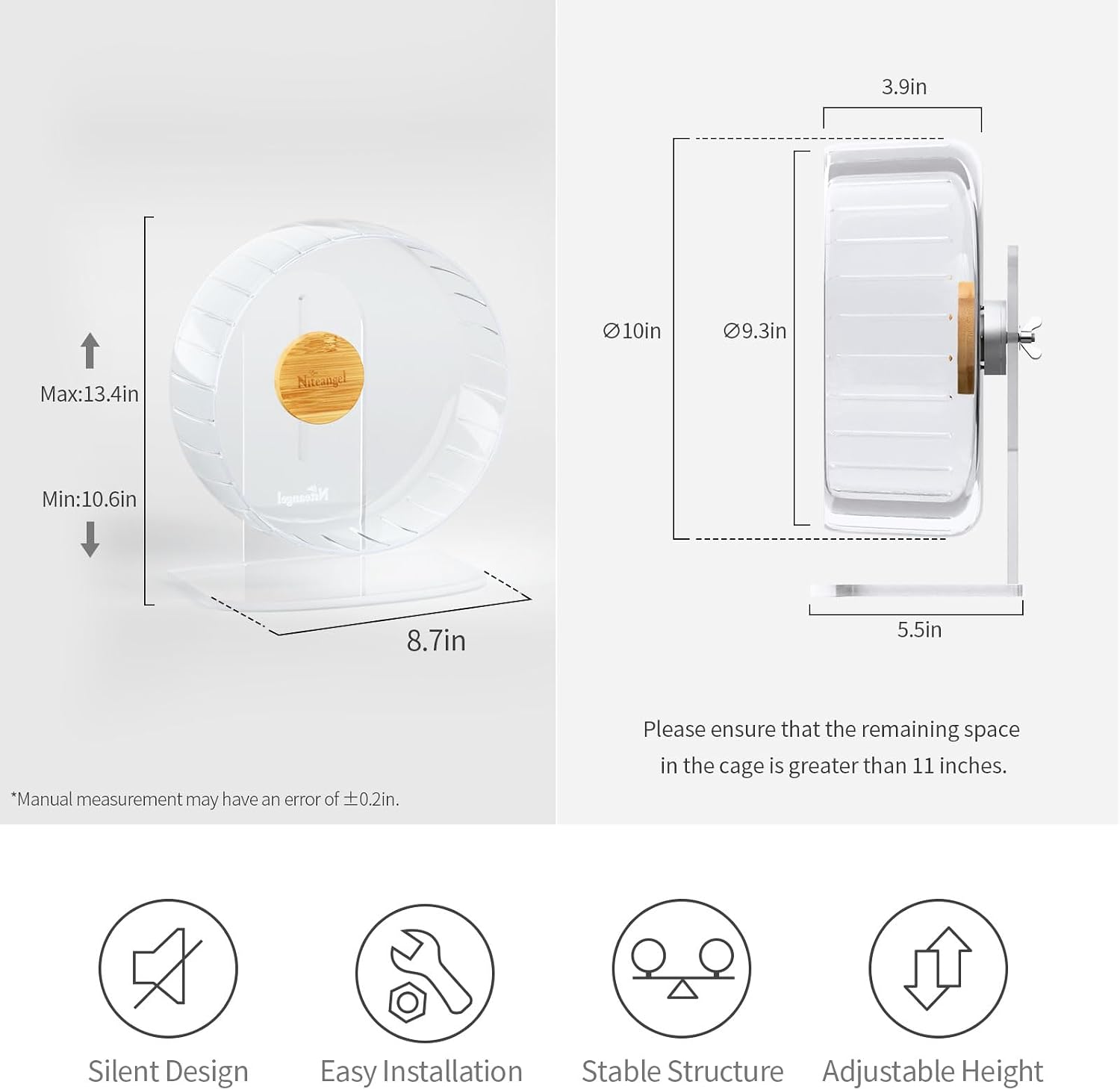 Niteangel Super-Silent Hamster Exercise Wheels - Quiet Spinner Hamster Running Wheels with Adjustable Stand for Hamsters Gerbils Mice Or Other Small Animals (M, Transparent) - Image 2