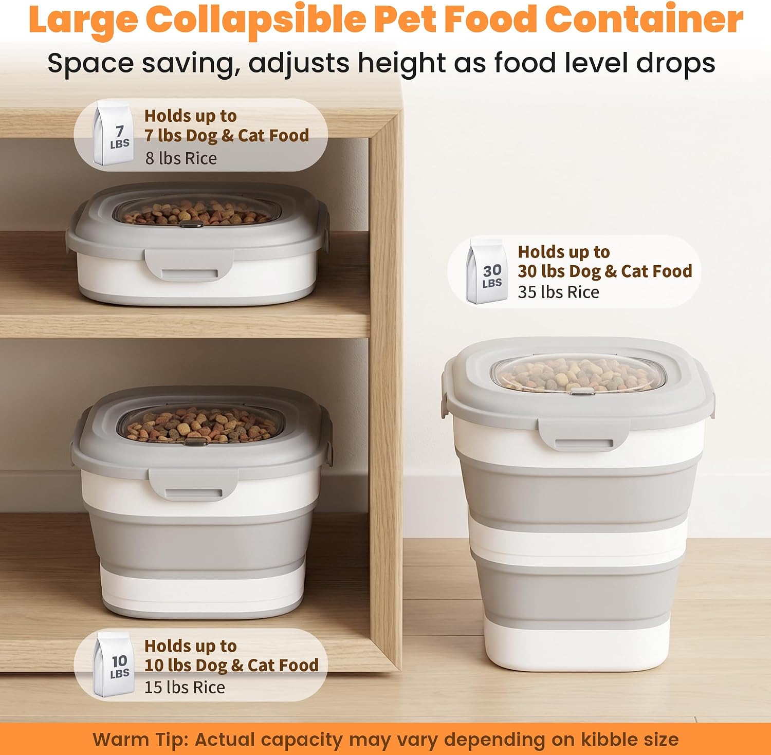 30 Lbs Dog Food Storage Container with Wheels, Collapsible Pet Food Storage Container with Clear Window, Measuring Cup & Scoop, BPA Free Cat Food Container for Rice, Flour, Grain, Bird Seed - Image 2