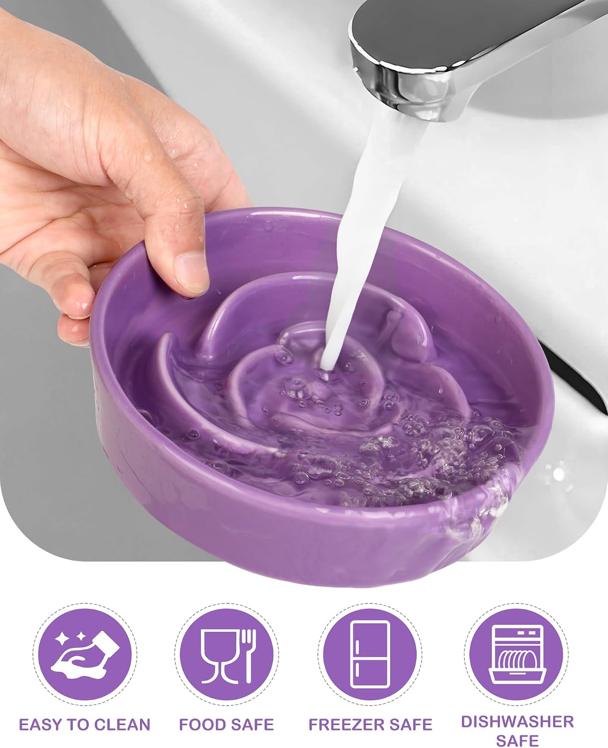 TRUVIC Ceramic Slow Feeder Dog Bowls Small Breed, 0.6 Cup Slow Feeder Cat Bowls for Fast Eaters, Ceramic Dog Food Dish no Black Chin, Puzzle Bowl for Small Dogs and Cats, Purple - Image 6