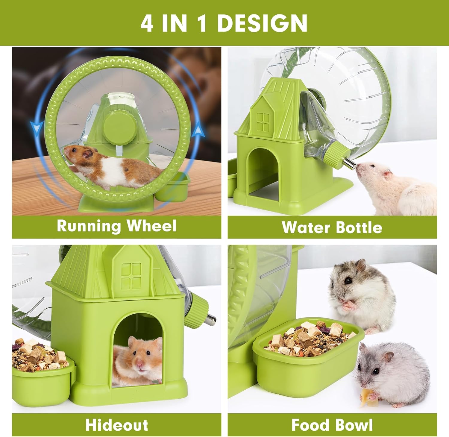 VANNON 4 in 1 Quiet Hamster Exercise Wheel, Multi Functional Hamster House with Running Wheel, Water Bottle, Food Bowl and Hideout, Small Animals Exercise Running Toys for Hamsters Gerbils Mice, Green - Image 3