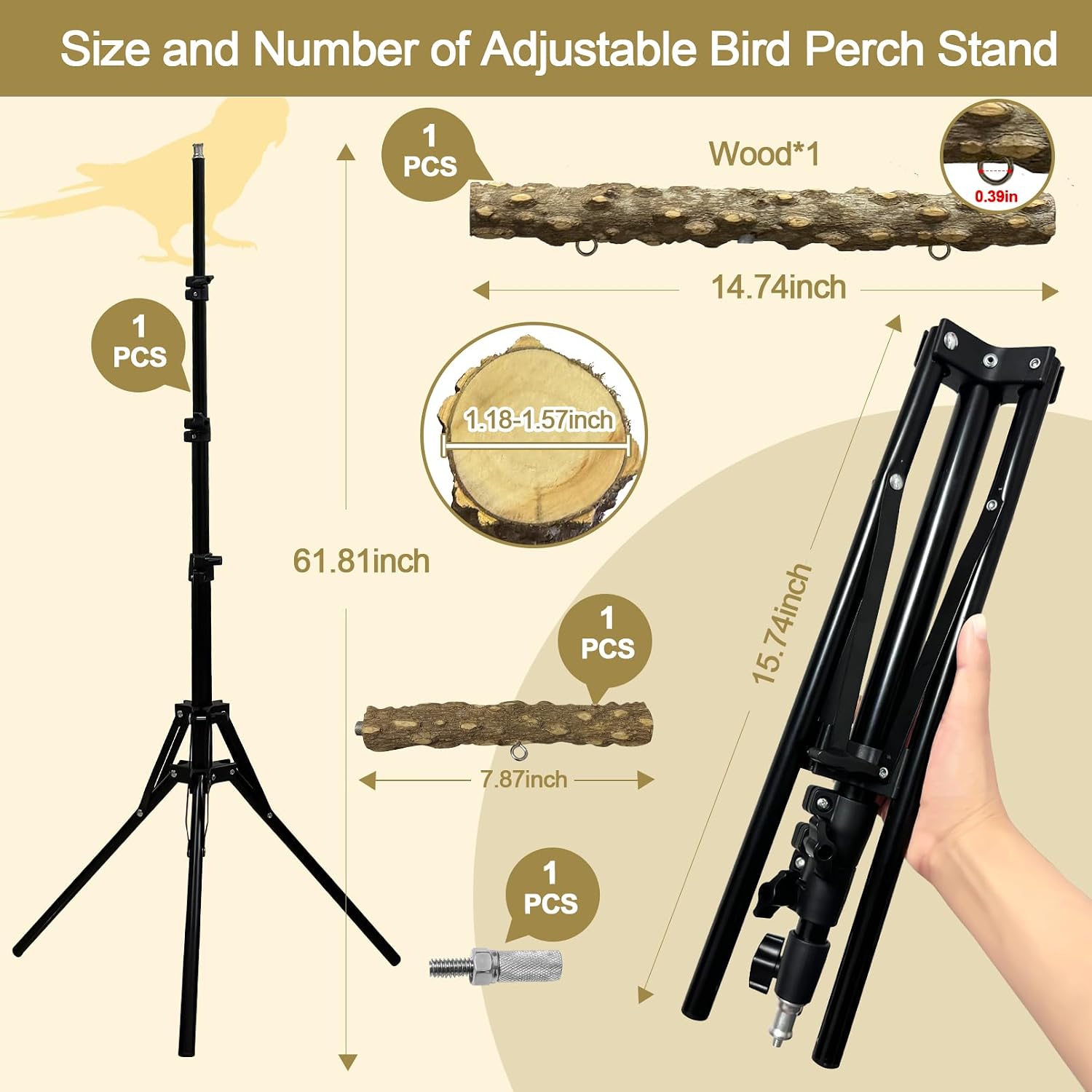 3-Layer 16-63 Inch Height Adjustable Bird Perch Pepper Wood Birds Training Perch Stand Parakeet Perches Indoor and Outdoor Parrot Stands for Small to Medium Bird - Image 4