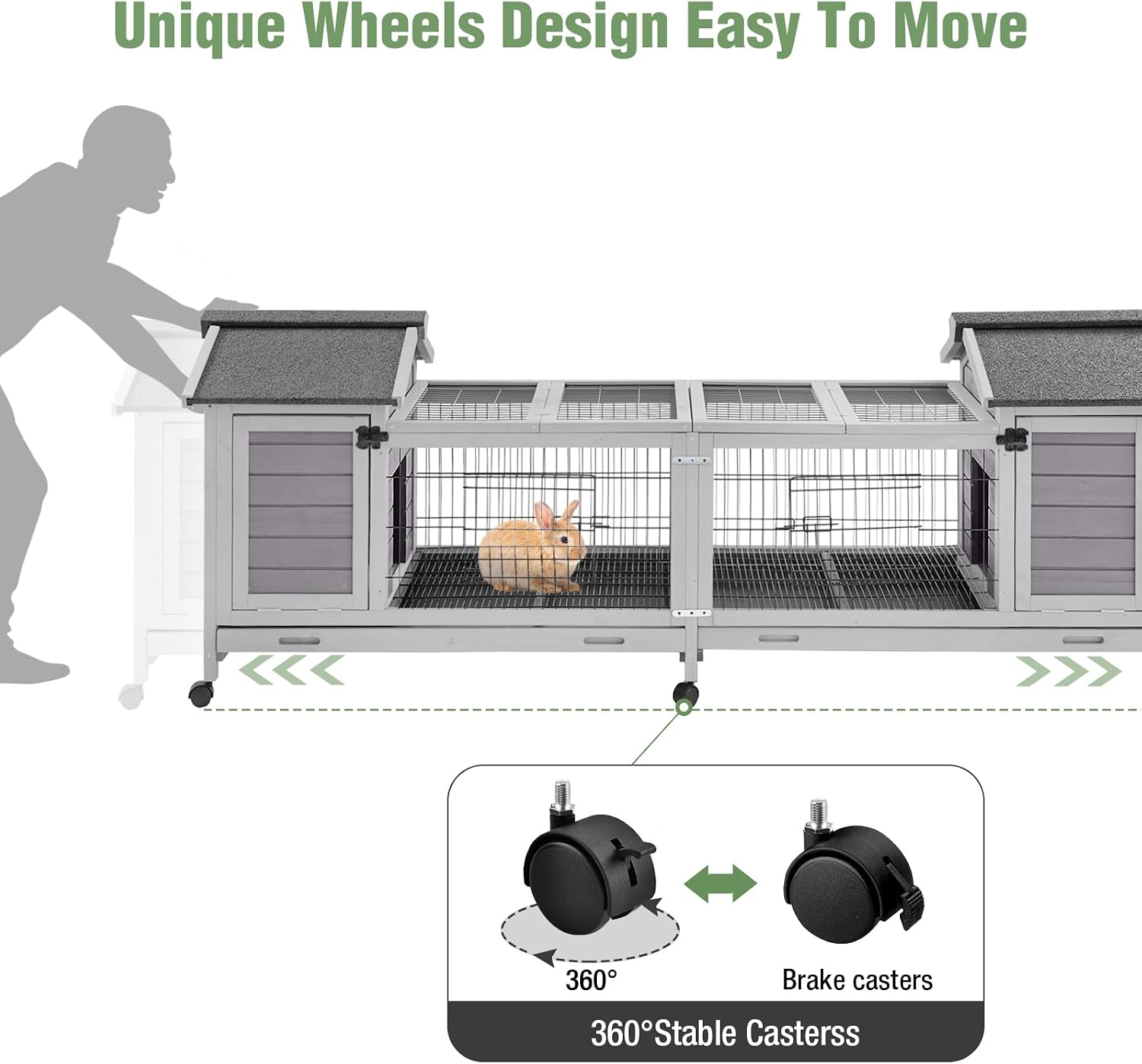 Wooden Rabbit Hutch with Wheels, Indoor Outdoor Bunny Cage with Removable Netting, Guinea Pig House with Leak-Proof Trays - Image 6