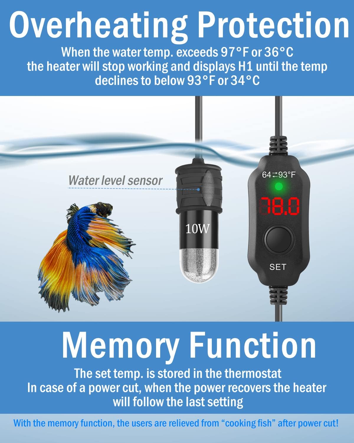 AquaMiracle Mini Aquarium Heater 5V/2A USB 10W Small Fish Tank Heater for Tanks up to 1 Gal, Digital Display Thermostat Betta Heater with Dry-Run & Overheat Protection, Memory Function - Image 6