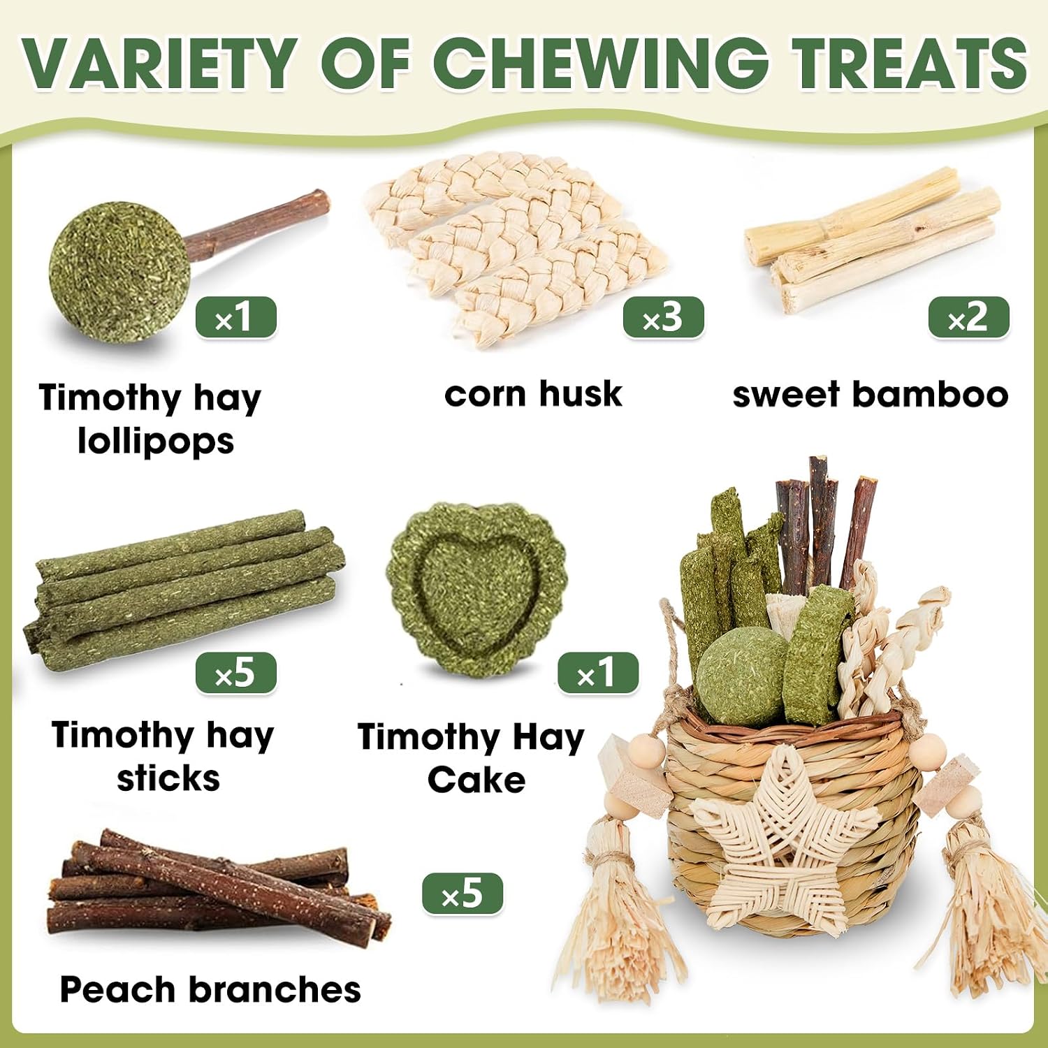 Jorewood Natural Reedgrass Chew Toy Basket for Small Pets – Hanging Rodent Dental Toys with Hay Lollipop, Apple Sticks, Sweet Bamboo (Hamsters, Rabbits, Chinchillas, Guinea Pigs) - Image 2