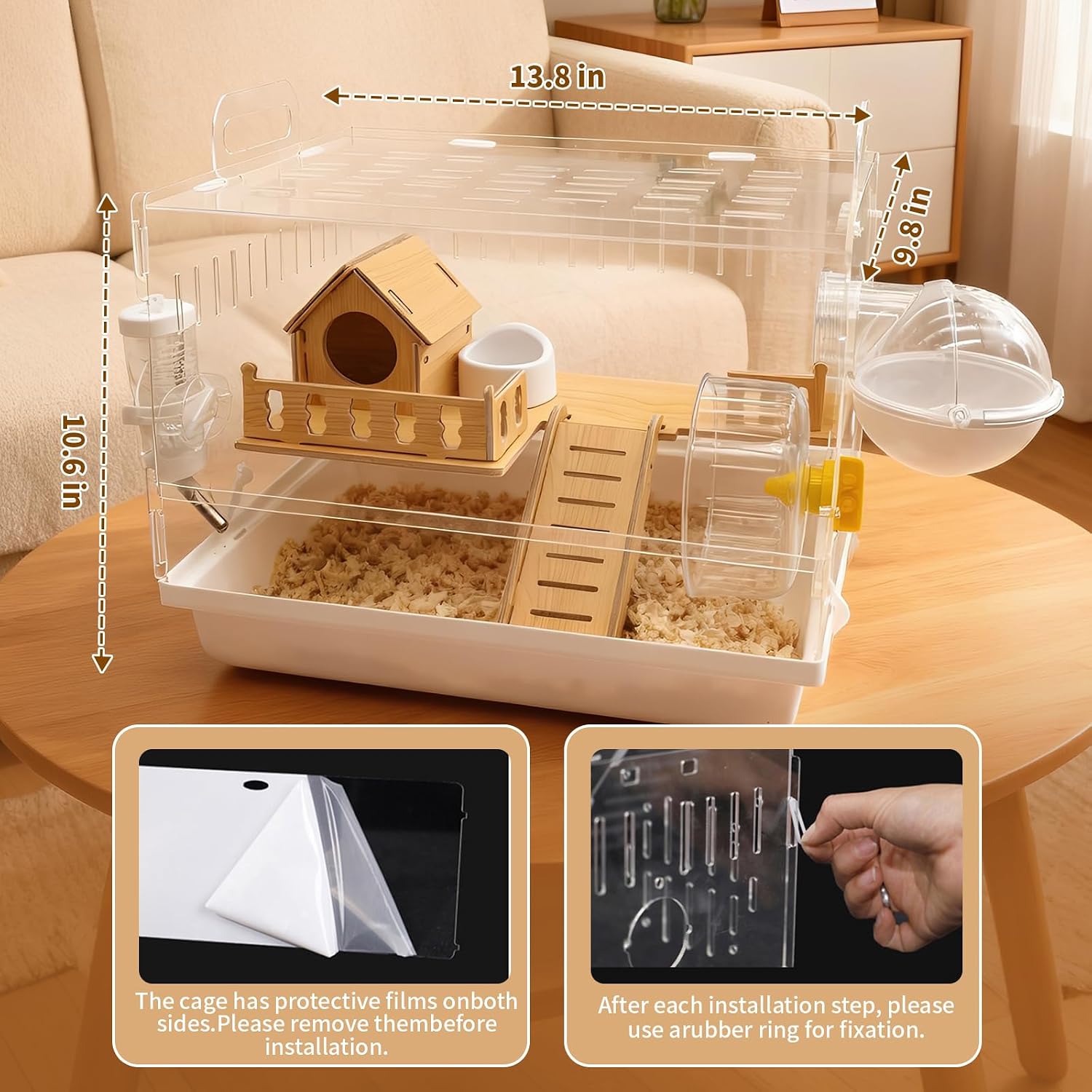 Acrylic Hamster Cage, 2-Tier Hamster Cage with Wooden Accessories for Dwarf Syrian Hamsters,14"x10"x*11" Clear Pet Mice Small Hamster Habitat Gerbils House - Image 3