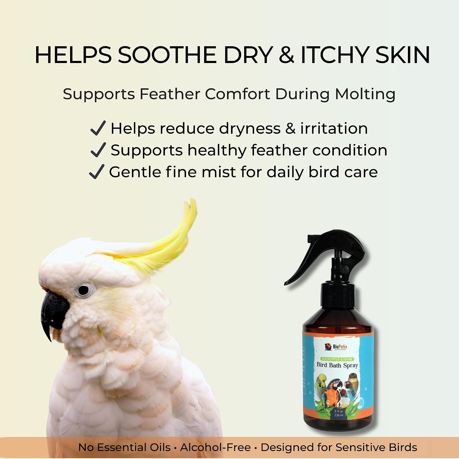 Bird Bath Spray for Parrots & All Birds – Helps Soothe Dry, Itchy Skin & Support Healthy Feathers – Herbal Eucalyptus & Thyme Formula, No Essential Oils – 8 Fl Oz Bird Mist - Image 4