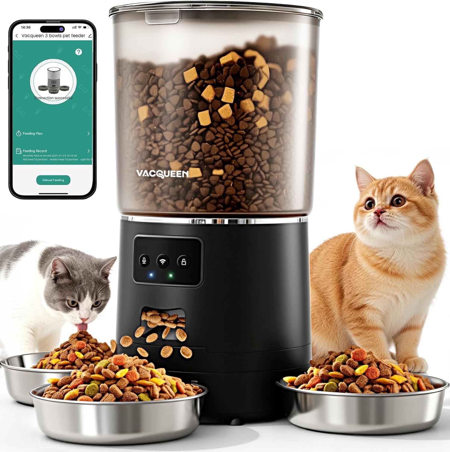 Automatic Cat Feeder for 3 Cats, 6L/25 Cup Cat Food Dispenser with Strong Anti-Jam System, Dual-Effect Desiccant, Smart WiFi App Control Pet Feeder, Automatic Dog Feeder with 10S Recorder