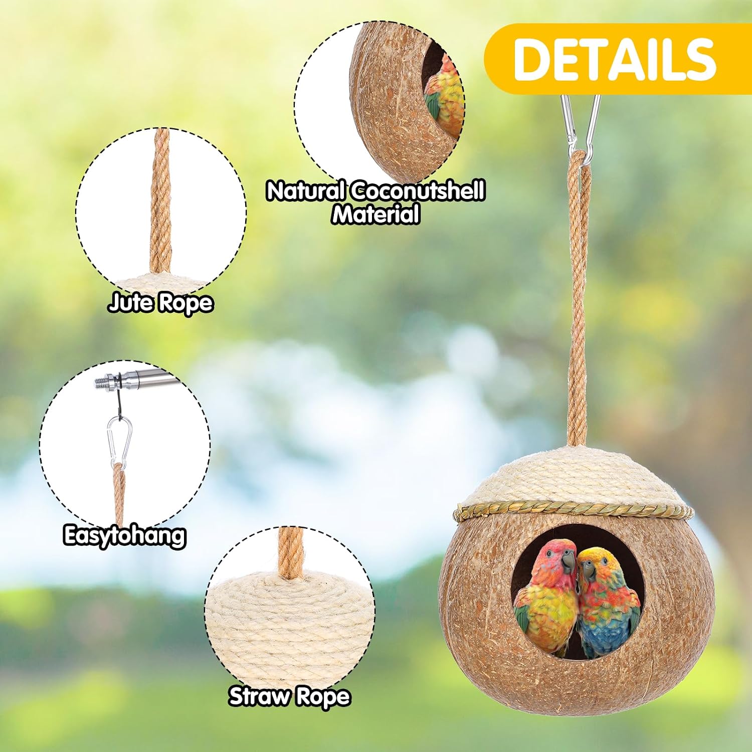 3 Pcs Natural Coconut Bird Hide Nest Hut for Cage with Woven Straw Bird Parakeet Coconut Fiber Hanging Birdhouse Cage Habitats Decor for Parrot Cockatiel Lovebird Finch Squirrel Hamster - Image 3