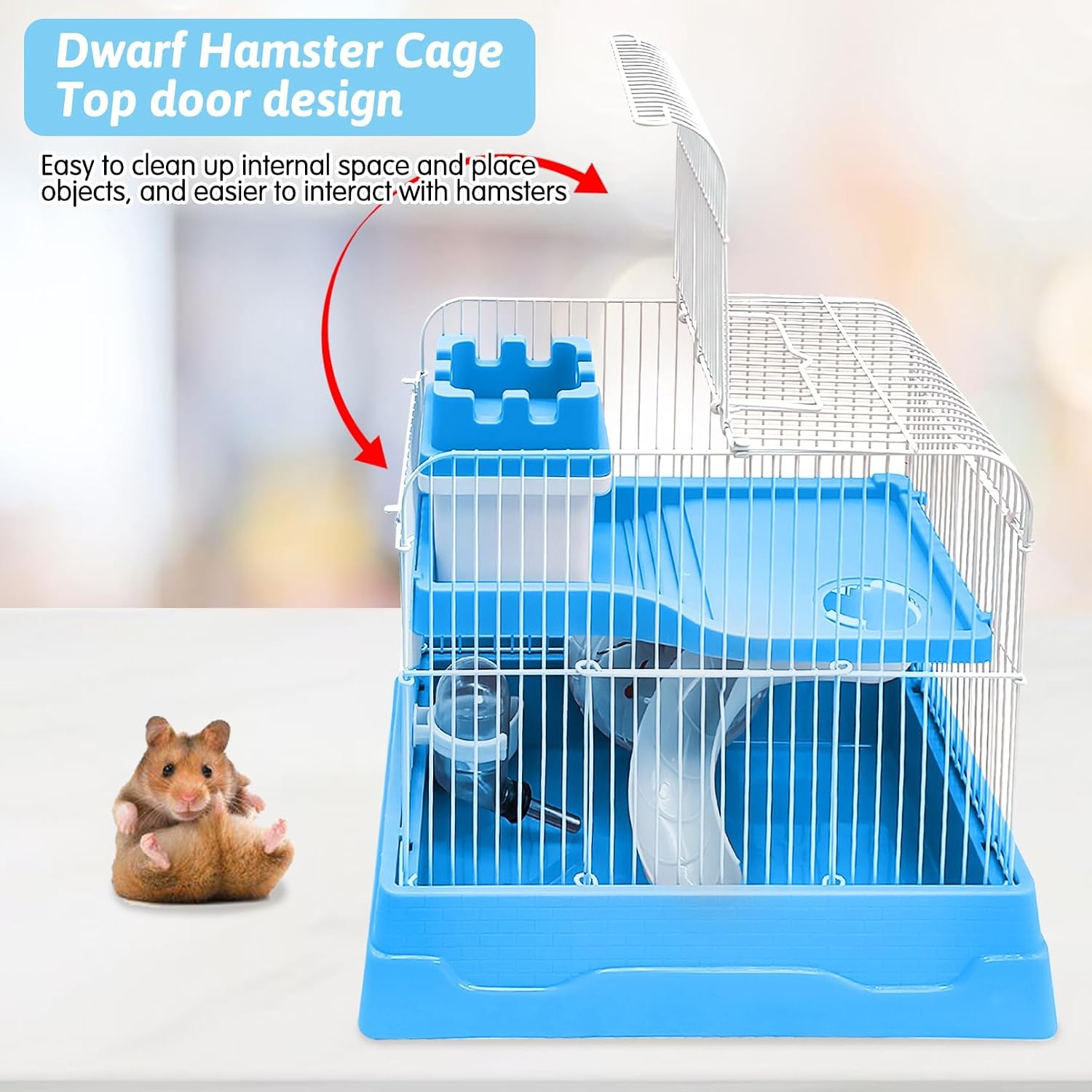 PINVNBY 2-Tier Dwarf Hamster Cage, Travel Portable Guinea Pig Cages Rat Cage and Habitats Small Animal Carrier with Castle House Exercise Wheels, Water Bottle and Food Dish(Blue) - Image 5