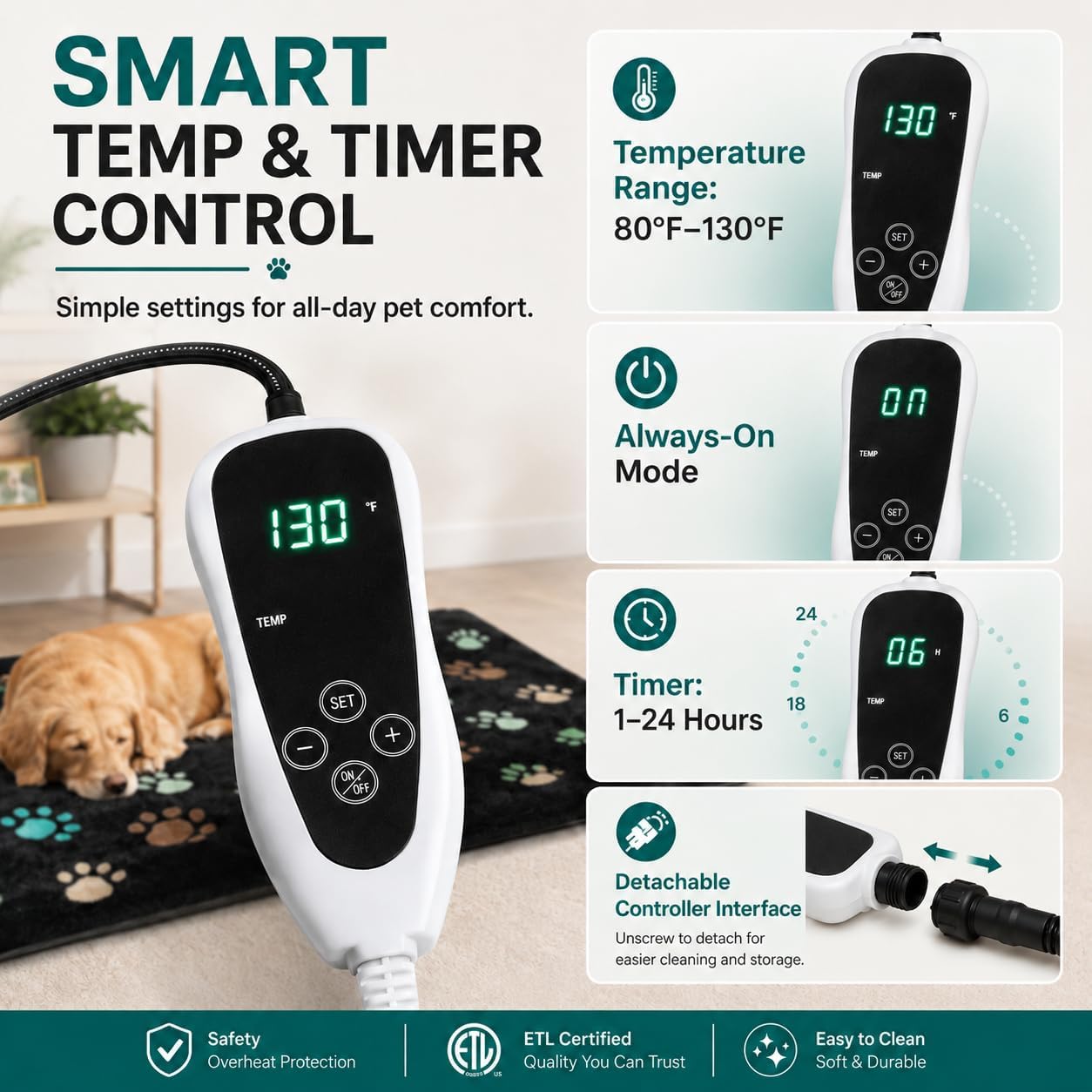 GOLOPET Large Dog Heating Pad 36x24 in with Smart Thermostat Switch and Power Line Protection Tube,Obtained MET and UL Dual Certification,Waterproof Pet Heating Pad for Dogs,with Plush Fabric Cover - Image 5