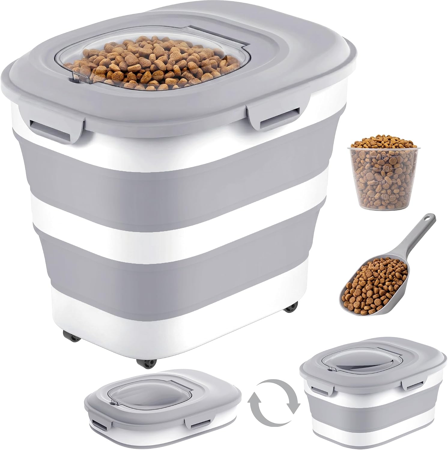 30 Lbs Dog Food Storage Container with Wheels, Collapsible Pet Food Storage Container with Clear Window, Measuring Cup & Scoop, BPA Free Cat Food Container for Rice, Flour, Grain, Bird Seed