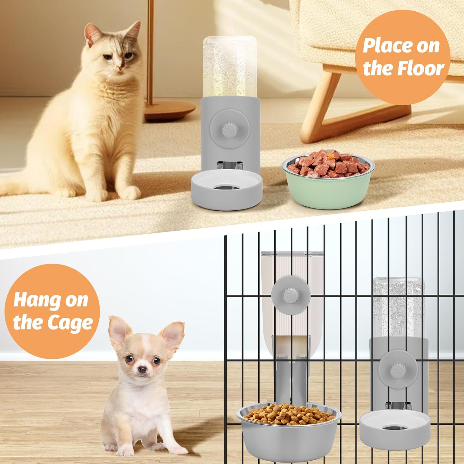 Yummy Sam Hanging Cage Automatic Small Pet Food Bowl Water Bottle Dispenser, Kennel 500ML Waterer and Auto Gravity Pet Feeder Set with Separate Food Bowl Crate Feeder Dish for Puppy Cats Rabbit (Grey) - Image 7