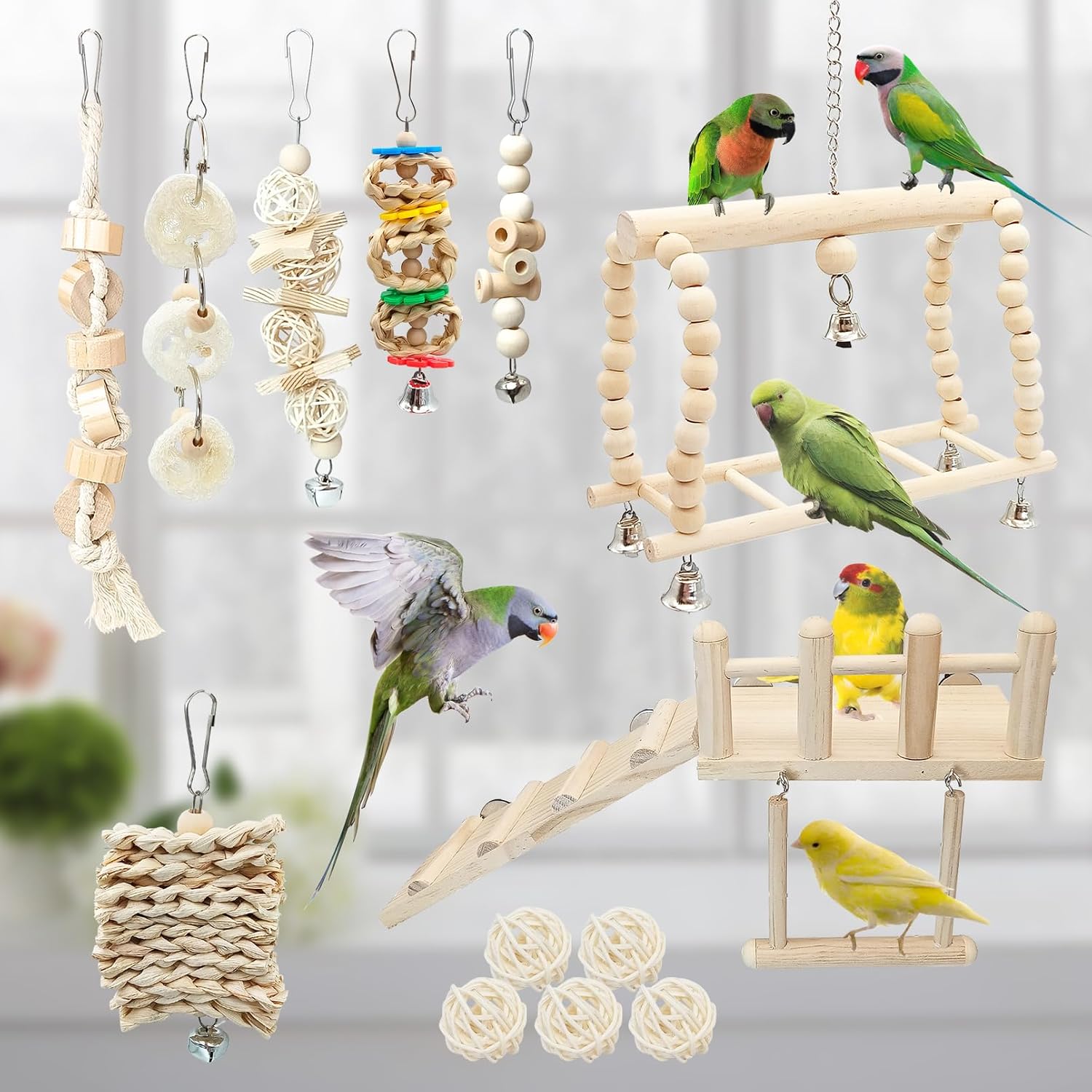 Hamiledyi 13Pcs Parrot Swing Chew Toys Bird Perches Platform with Climbing Ladder Hanging Cage Accessories for Parakeet, Conure, Finch, Lovebirds, Budgie, Canary Standing - Image 8